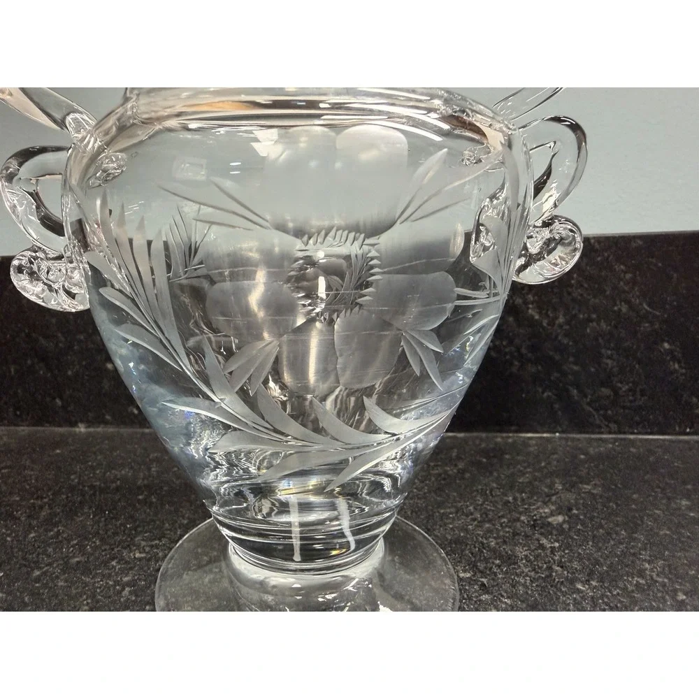 Vintage Bohemian Czech Hand Blown Etched Crystal Vase Urn 4 Handles 6.5